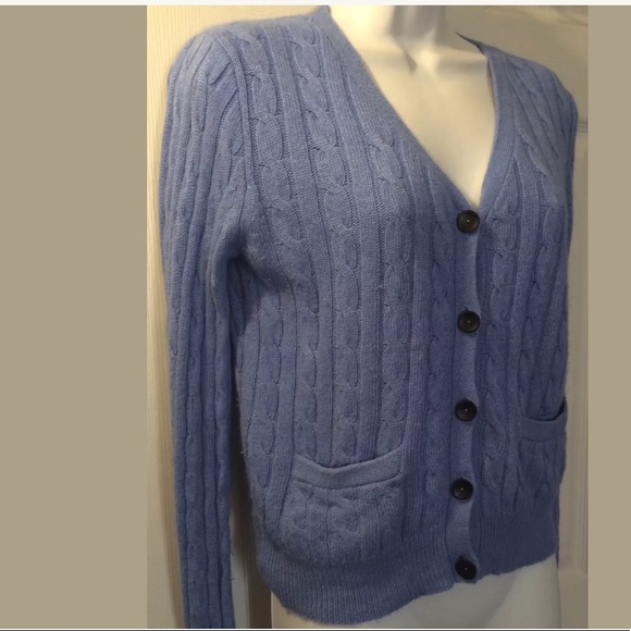 J.CREW Cambridge Cable Knit Sweater Blue cardigan Soft Knit Wool Angora VNeck - Picture 3 of 8